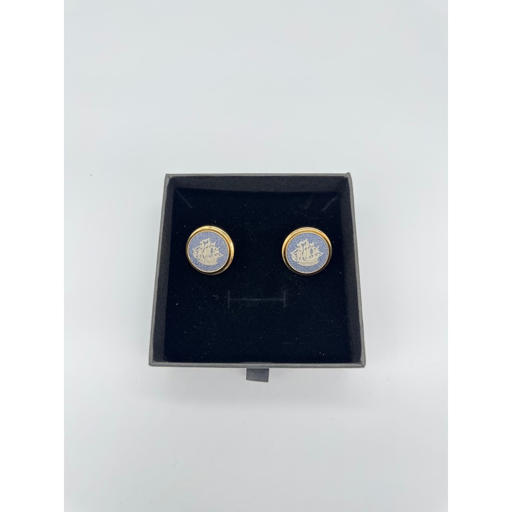 Wedgwood cufflinks Vintage Gold Tone Round‎ Ship Sailing Ship Formal Gift